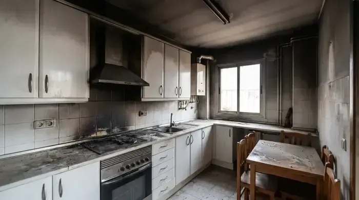 Cocina afectada por incendio en Fuenlabrada antes de la limpieza después de incendio profesional