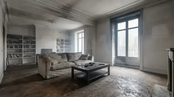 Salón de una vivienda en Fuenlabrada cubierto de hollín y residuos de humo antes de la limpieza después de incendio profesional