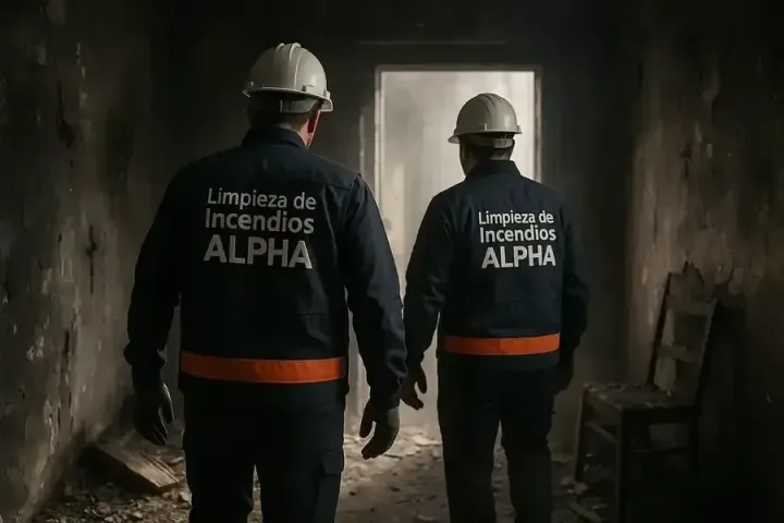 Equipo de Alpha Limpieza de Incendios entrando en una vivienda afectada para iniciar la recuperación en Madrid, Madrid